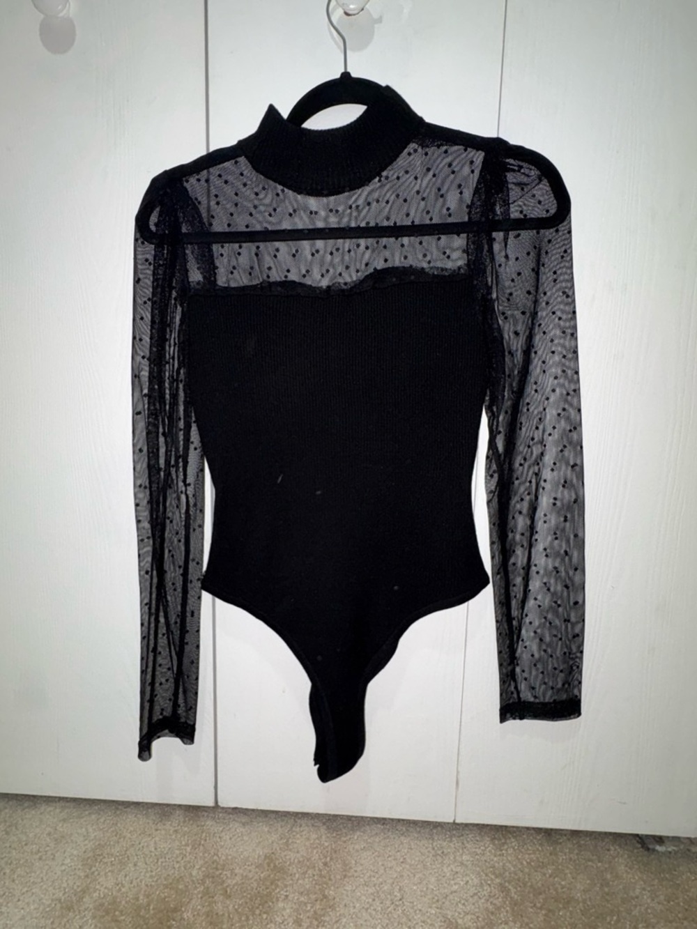 Sheer Dot Mesh Mock Neck Black Bodysuit